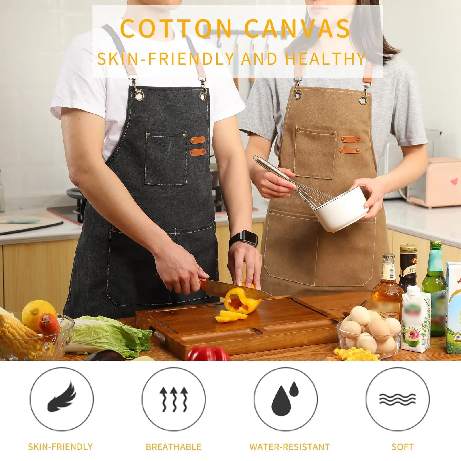 Canvas Cross Back Chef Cotton Aprons for Men Women with Large Pockets - Crema Peaks Coffee