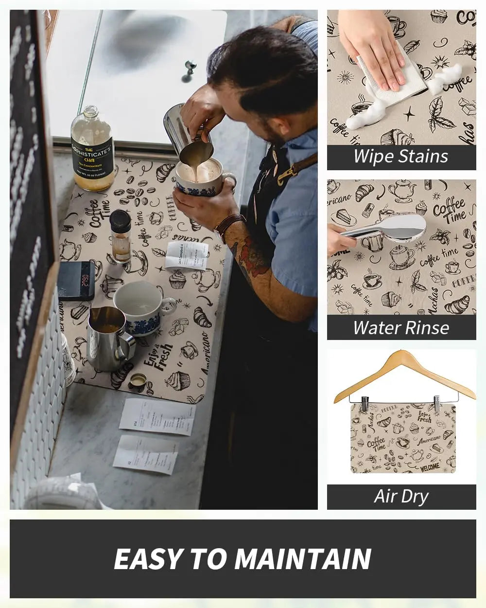Coffee Mat Hide Stain Rubber Backed Absorbent Dish Drying Mat for Kitchen Counter -AMOAMI Mat Fits Under Coffee Maker or Machine - Crema Peaks Coffee