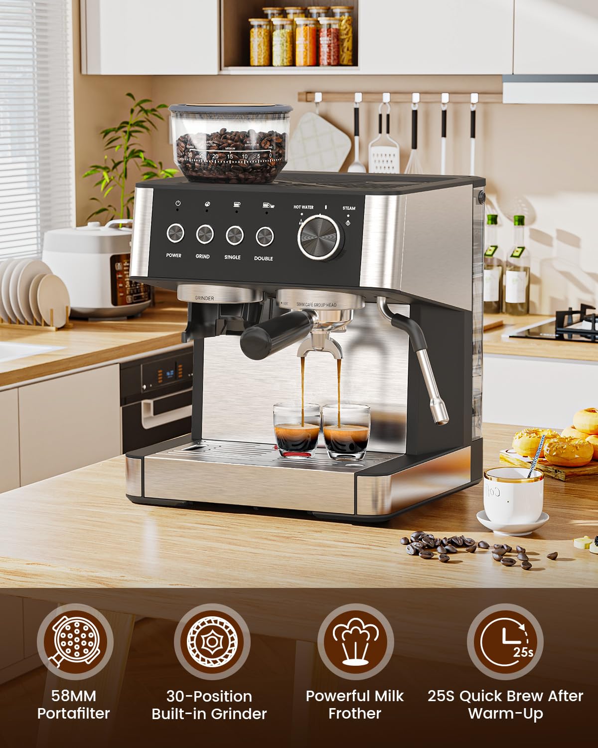 (2026 Upgrade) 15 Bar Espresso Machine with Built-in Anti-Clog Coffee Grinder, Expresso Coffee Machines with Milk Steam Wand/Frother/Tamping Tools,Espresso Maker with Grinder for Lattes-Almond