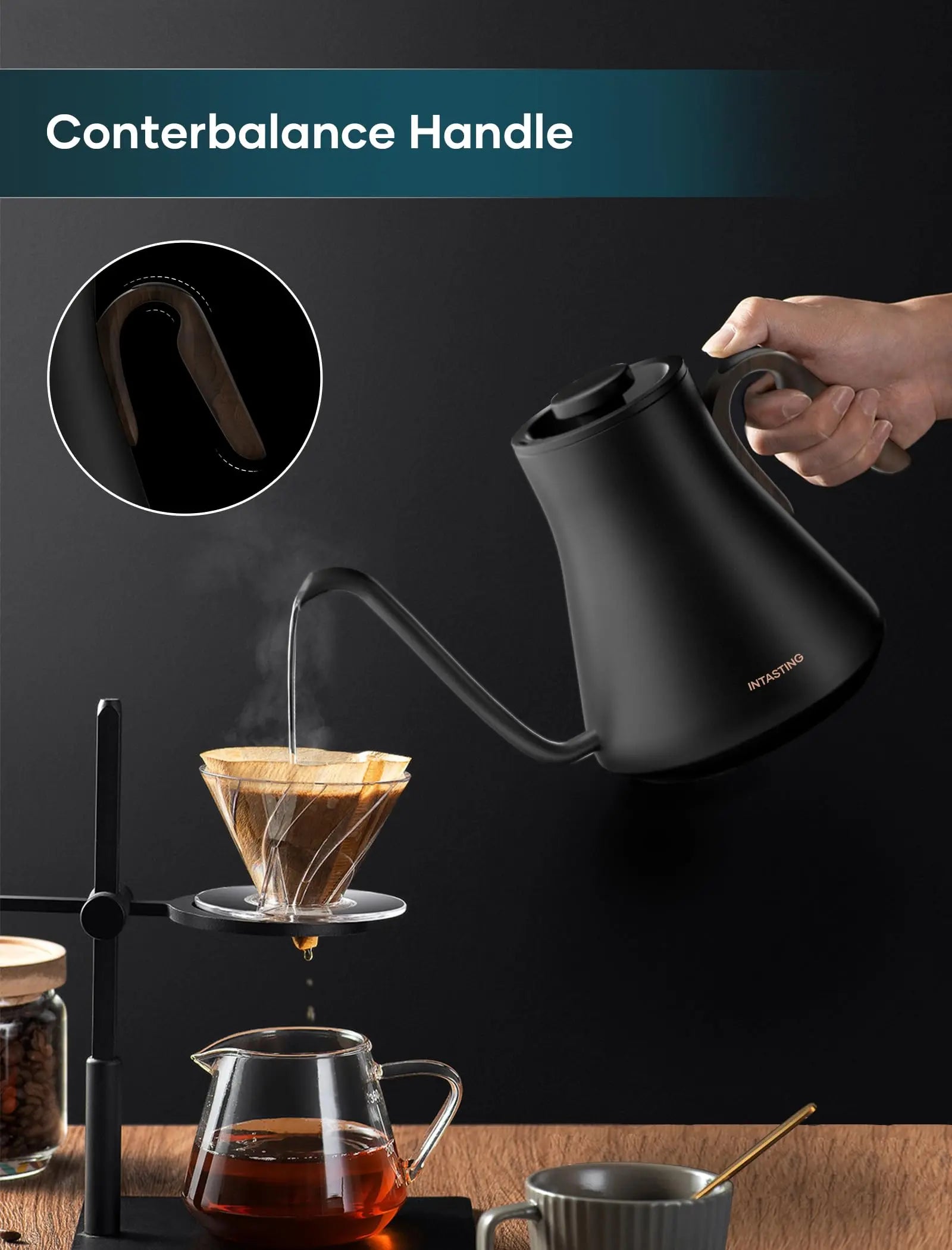 Electric Kettle, Gooseneck Electric Kettle, ±1℉ Precise Temperature Control, Stainless Steel Interior, Quick Heating for Pour Over Coffee, Tea & Boiling Water, 0.9L (Black) - Crema Peaks Coffee