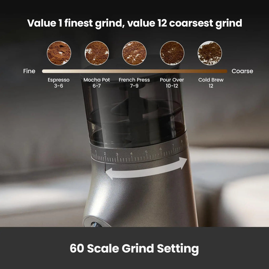Gemilai Electric Conical Burr Coffee Grinder, Coffee Bean Grinder with Smart 60S Timer, 60 Precise Adjustable Grind Settings for Espresso, 2-12 Cup, Easy to Clean, Durable & Quiet, G9010B White - Crema Peaks Coffee