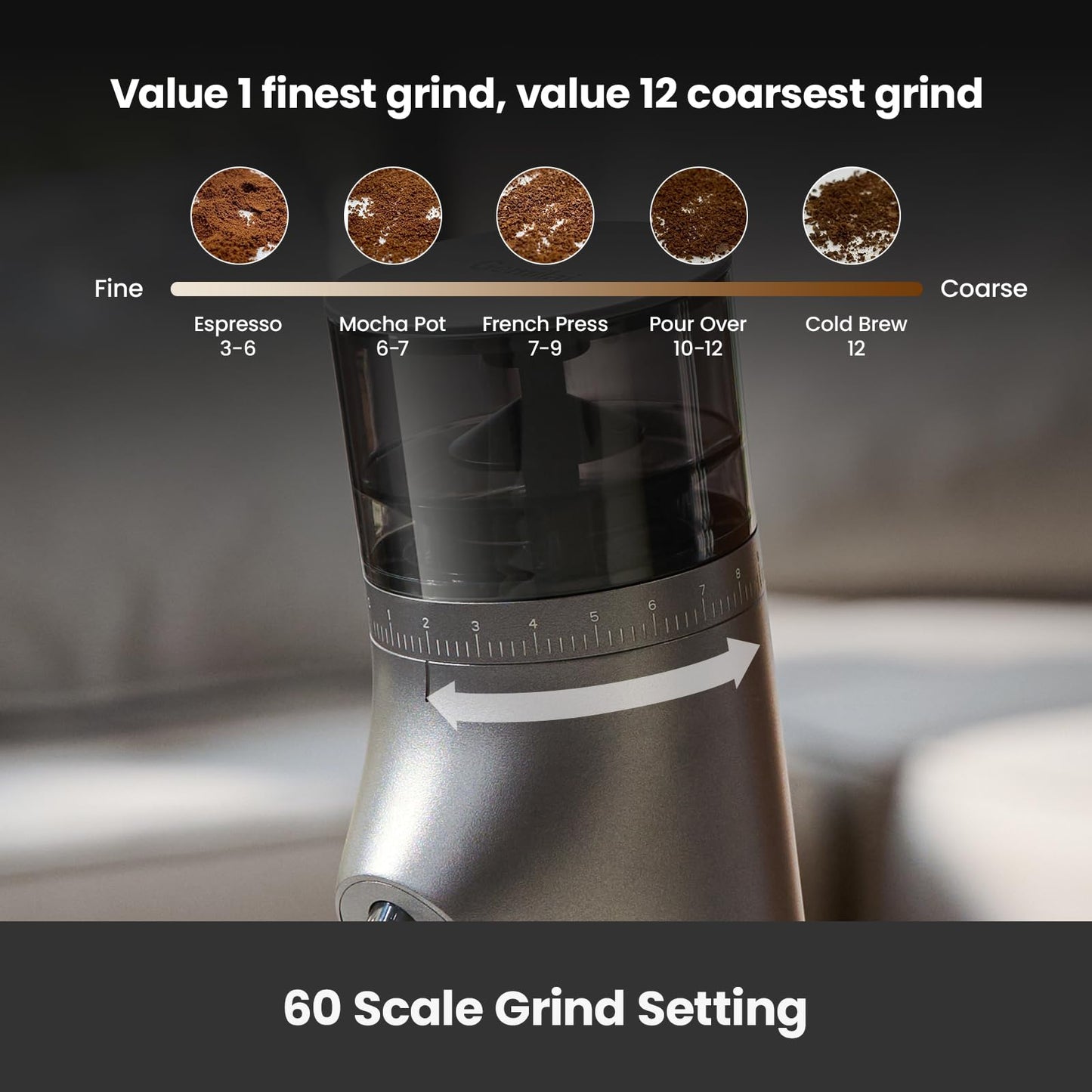 Gemilai Electric Conical Burr Coffee Grinder, Coffee Bean Grinder with Smart 60S Timer, 60 Precise Adjustable Grind Settings for Espresso, 2-12 Cup, Easy to Clean, Durable & Quiet, G9010B White