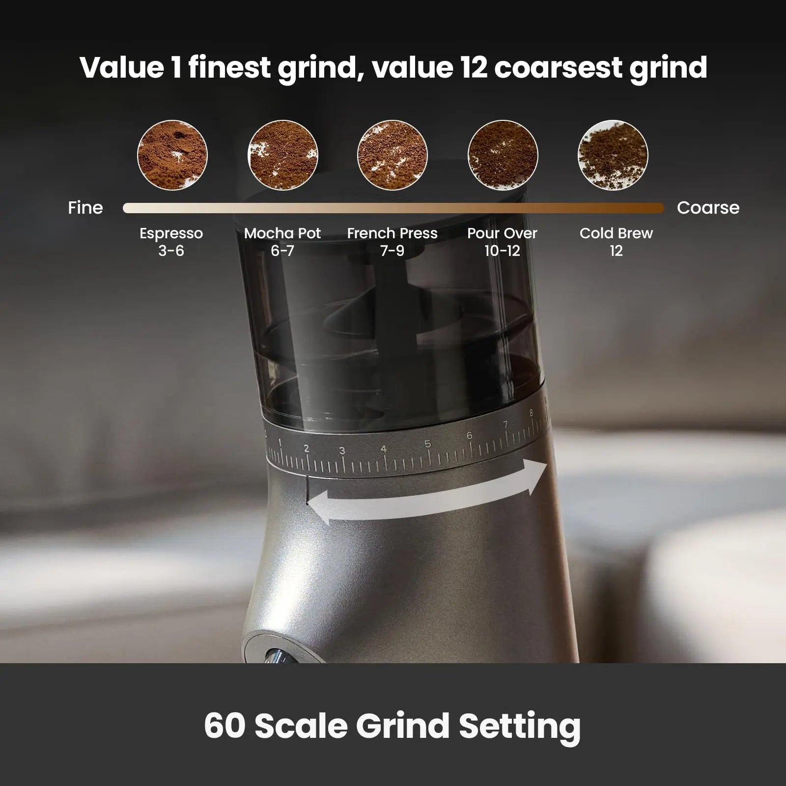 Gemilai Electric Conical Burr Coffee Grinder, Coffee Bean Grinder with Smart 60S Timer, 60 Precise Adjustable Grind Settings for Espresso, 2-12 Cup, Easy to Clean, Durable & Quiet, G9010B White - Crema Peaks Coffee