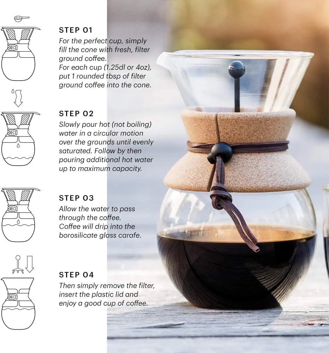 Bodum 34oz Pour Over Coffee Maker, High-Heat Borosilicate Glass with Reusable Stainless Steel Filter and Cork Grip - Made in Portugal - Crema Peaks Coffee