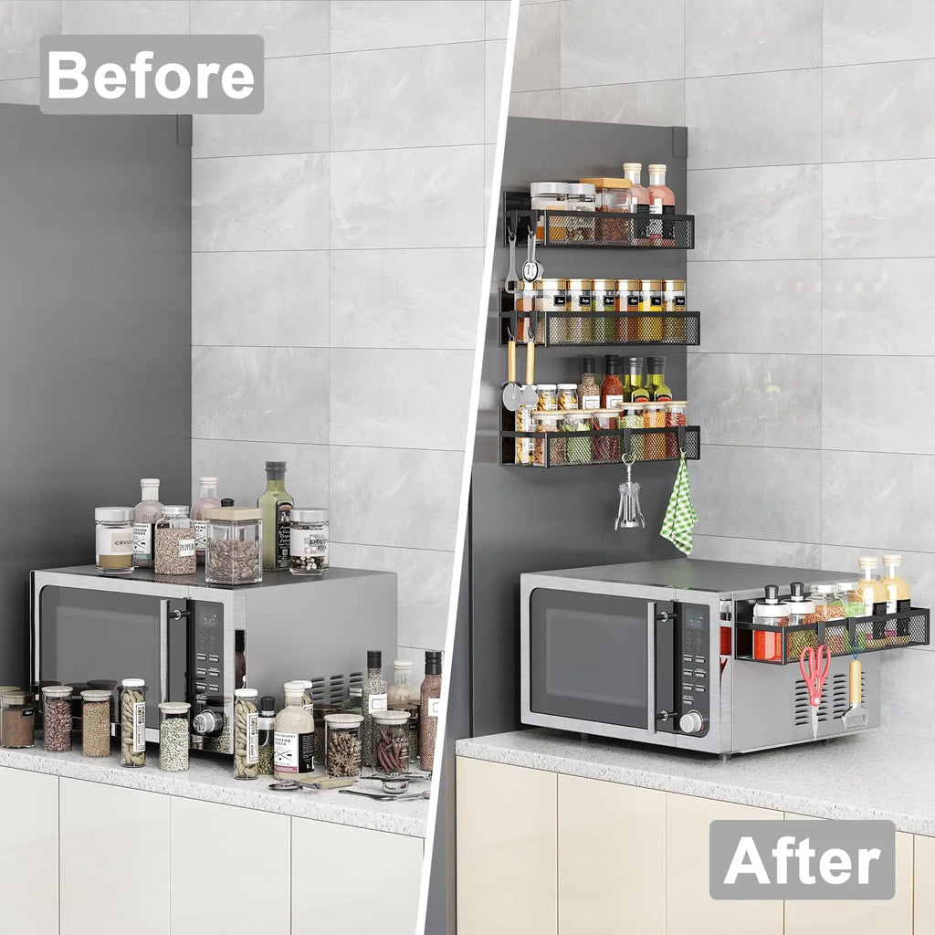 Magnetic Spice Rack for Refrigerator, 3 Pack Magnetic Shelf, Moveable Fridge Organizer with 8-Hook Rack, Seasoning Organizer for Kitchen - Crema Peaks Coffee