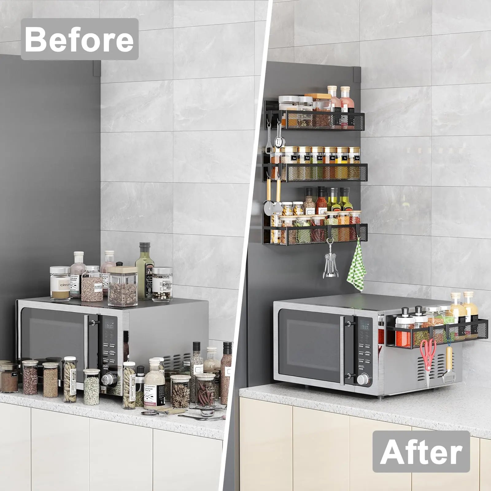 Magnetic Spice Rack for Refrigerator, 3 Pack Magnetic Shelf, Moveable Fridge Organizer with 8-Hook Rack, Seasoning Organizer for Kitchen - Crema Peaks Coffee