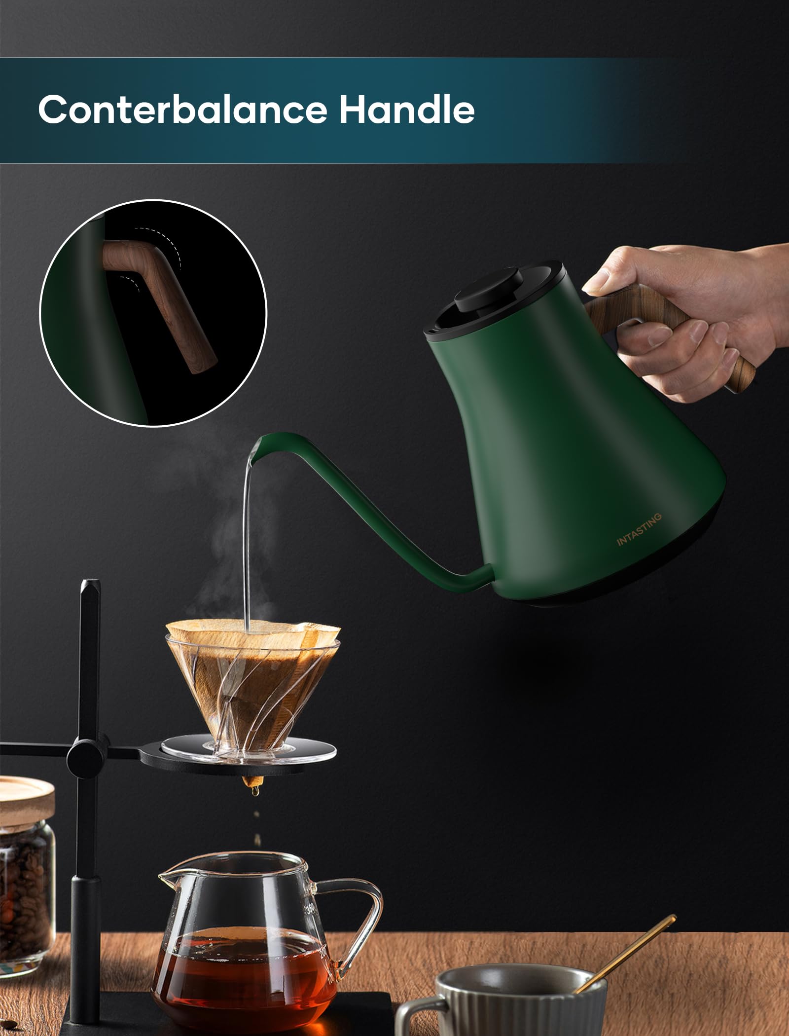 INTASTING Electric Kettles, Gooseneck Electric Kettle, ±1℉ Temperature Control, Stainless Steel Inner, Quick Heating, for Pour Over Coffee, Brew Tea, Boil Hot Water, 0.9L Dark Grey