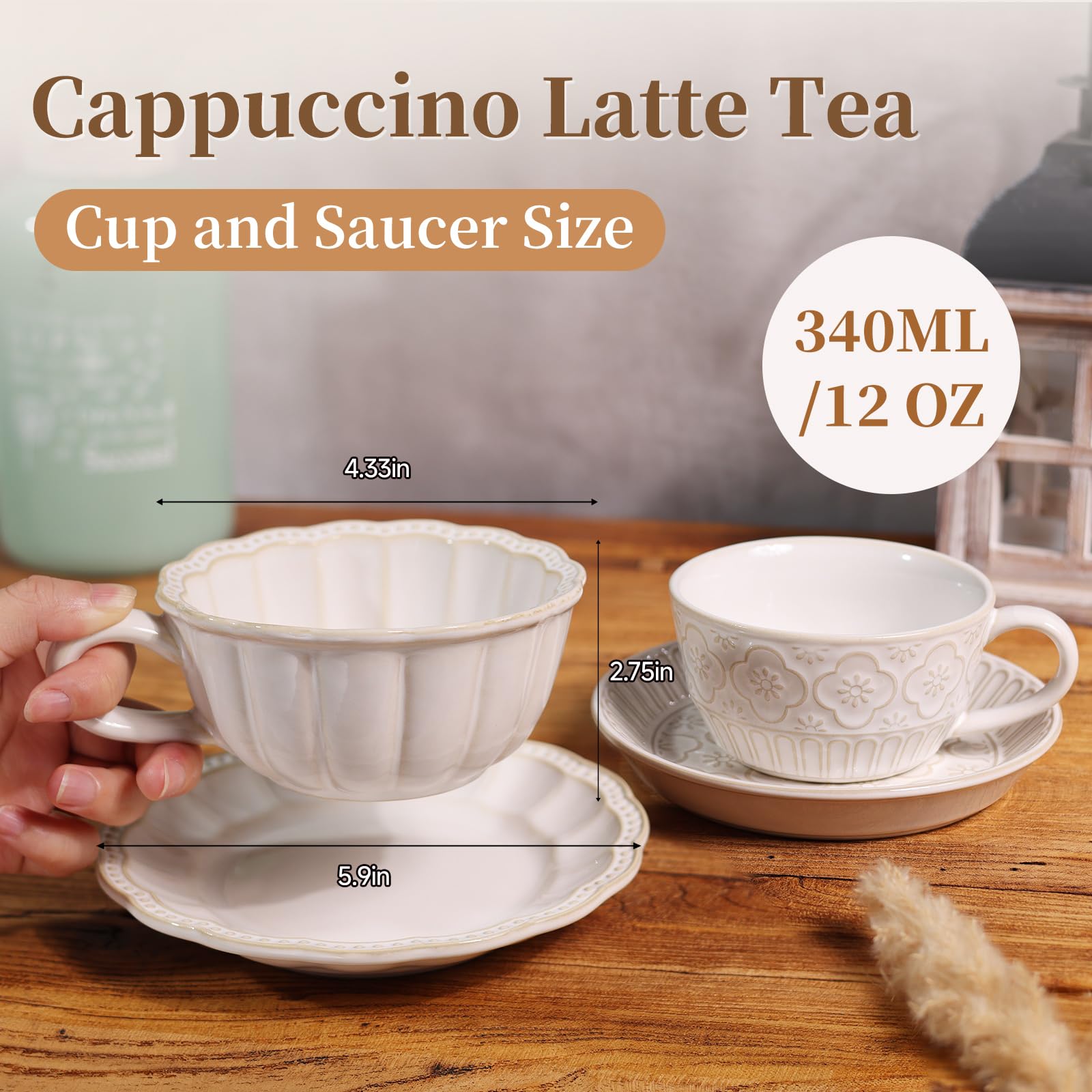 12 OZ Latte Cup with Saucer, Cappuccino Cup Vintage Cafe Art Cups for Espresso Turkish Coffee, Farmhouse Latte Mugs Tea Cups and Saucers Porcelain Set for Christmas Thanksgiving Day Gift - Crema Peaks Coffee