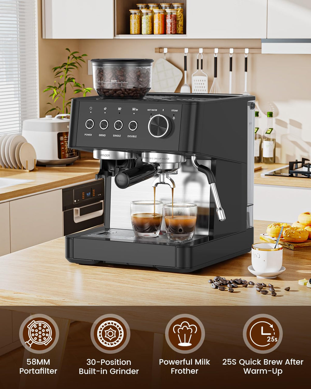 (2026 Upgrade) 15 Bar Espresso Machine with Built-in Anti-Clog Coffee Grinder, Expresso Coffee Machines with Milk Steam Wand/Frother/Tamping Tools,Espresso Maker with Grinder for Lattes-Almond