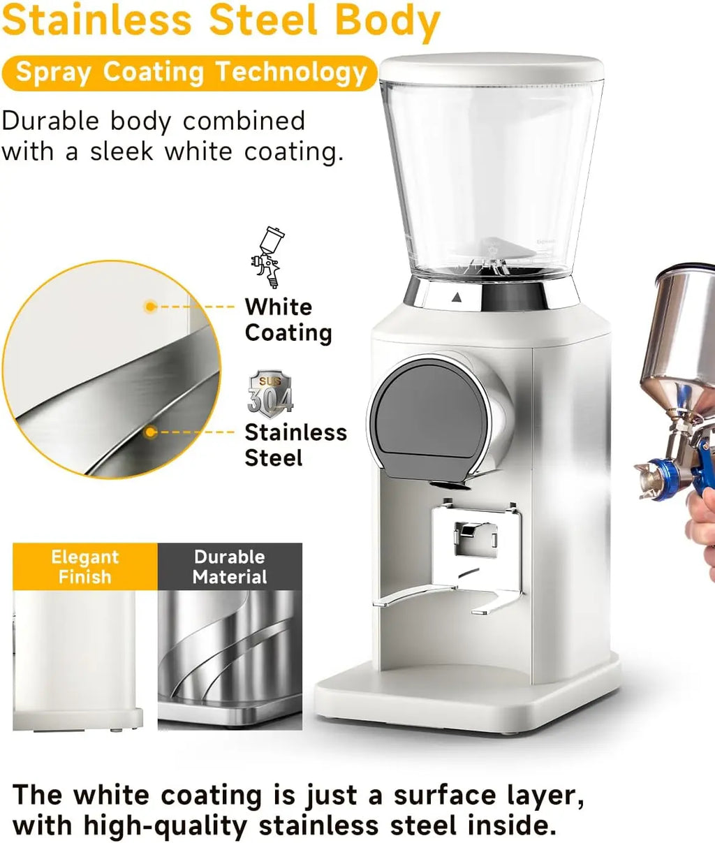Conical Burr Coffee Grinder with 40mm Stainless Steel Burr, 34 Grind Settings Anti-static, Electric Espresso Grinder for Home Use – Perfect for Espresso, Drip Coffee, French Press & Cold Brew, White - Crema Peaks Coffee