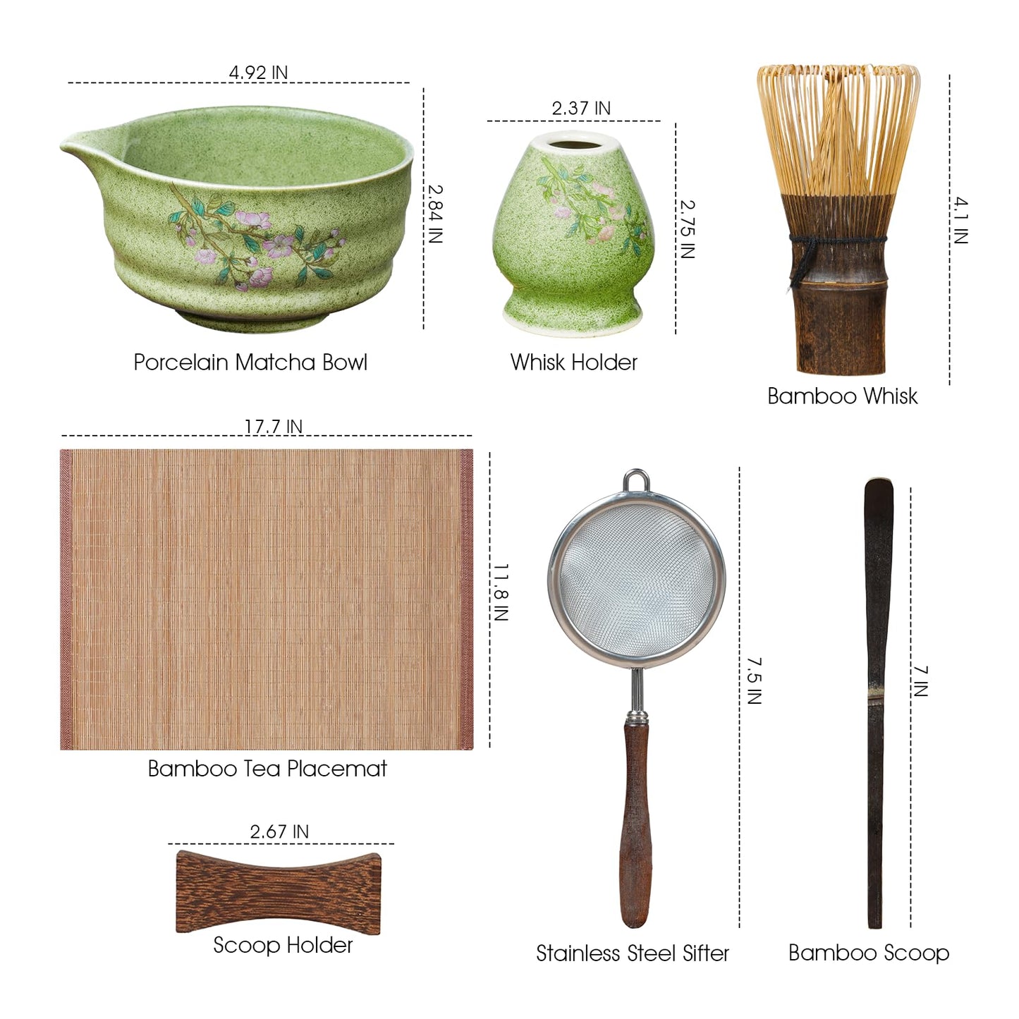 7-Piece Matcha Set with Ceramic Matcha Bowl, Bamboo Whisk (Chasen) & Holder, Sifter, Tea Scoop & Rest, Special Bamboo Tea Mat - Perfect Matcha Kit for Matcha Lovers & Gift Giving, Gilded