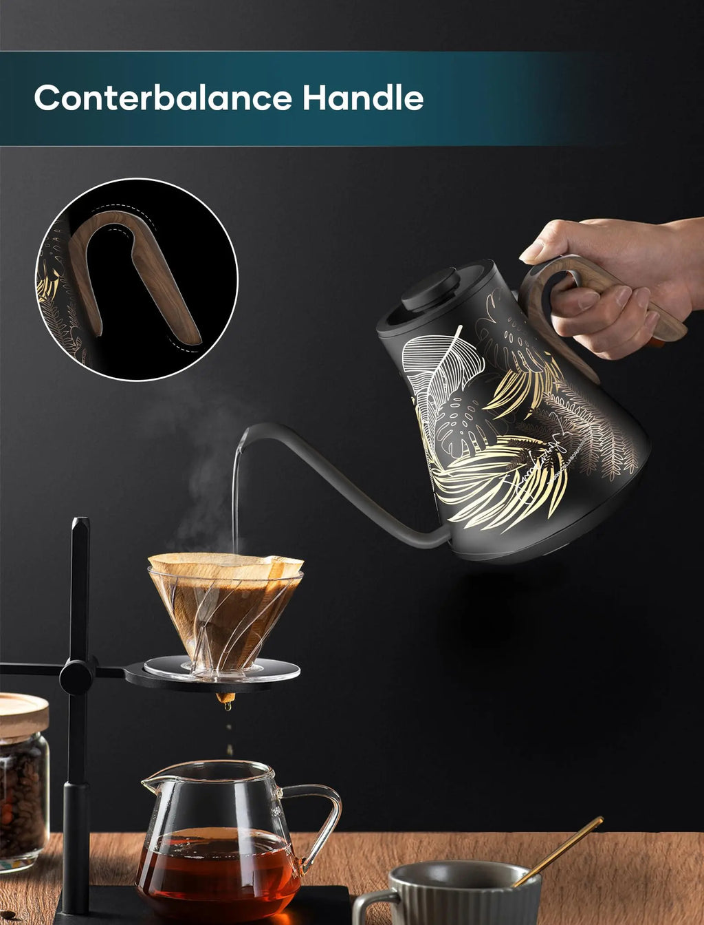 Electric Kettle, Gooseneck Electric Kettle, ±1℉ Precise Temperature Control, Stainless Steel Interior, Quick Heating for Pour Over Coffee, Tea & Boiling Water, 0.9L (Black) - Crema Peaks Coffee