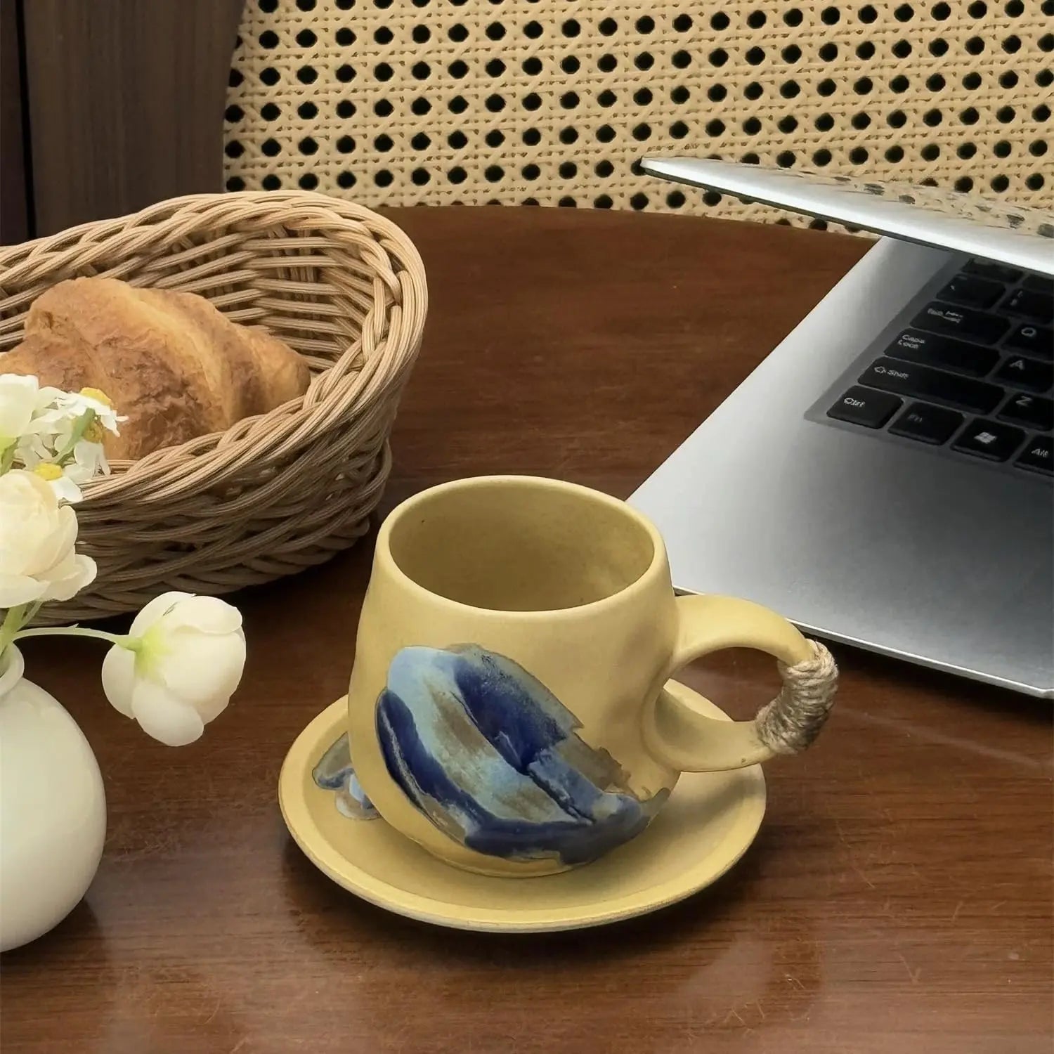 8oz Vintage Retro Japanese Style Handmade Ceramic Tea Cup and Saucer – Small Artisanal Mug with saucer set, Lead-Free Latte Art Mug, Handcrafted Pottery tea mug with handle,Teal Green - Crema Peaks Coffee