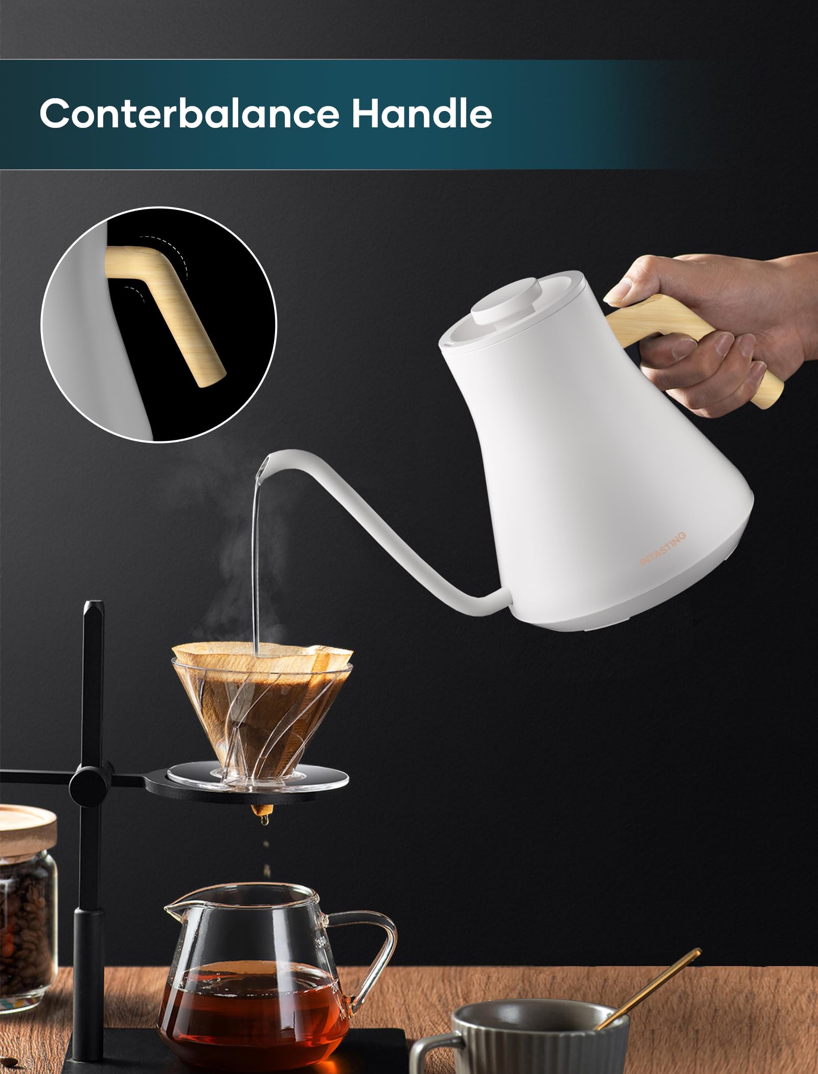INTASTING Electric Kettles, Gooseneck Electric Kettle, ±1℉ Temperature Control, Stainless Steel Inner, Quick Heating, for Pour Over Coffee, Brew Tea, Boil Hot Water, 0.9L Dark Grey