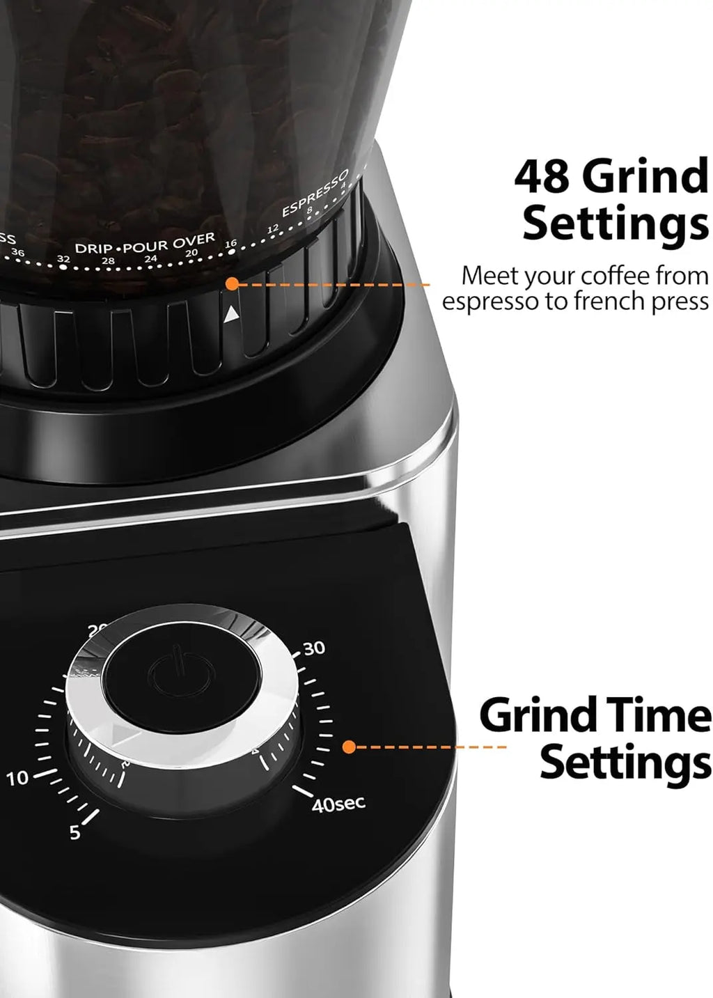 Aromaster Burr Coffee Grinder with 48 Gind Settings, Conical Coffee Bean Grinder for Home Use,Stainless Steel,40 Seconds Adjustable Timer,Anti-static,Easy to Clean with Brush - Crema Peaks Coffee