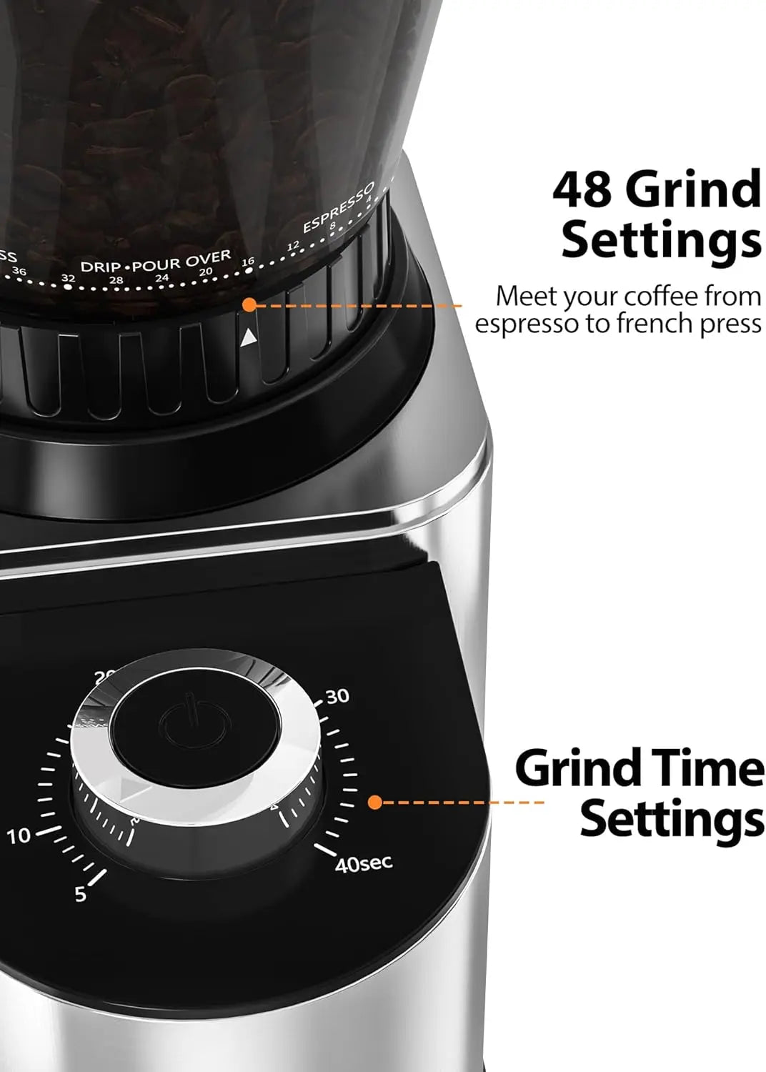 Aromaster Burr Coffee Grinder with 48 Gind Settings, Conical Coffee Bean Grinder for Home Use,Stainless Steel,40 Seconds Adjustable Timer,Anti-static,Easy to Clean with Brush - Crema Peaks Coffee