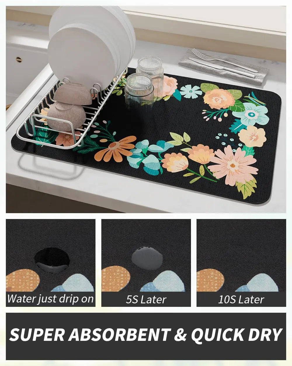 Coffee Mat Hide Stain Rubber Backed Absorbent Dish Drying Mat for Kitchen Counter -AMOAMI Mat Fits Under Coffee Maker or Machine - Crema Peaks Coffee