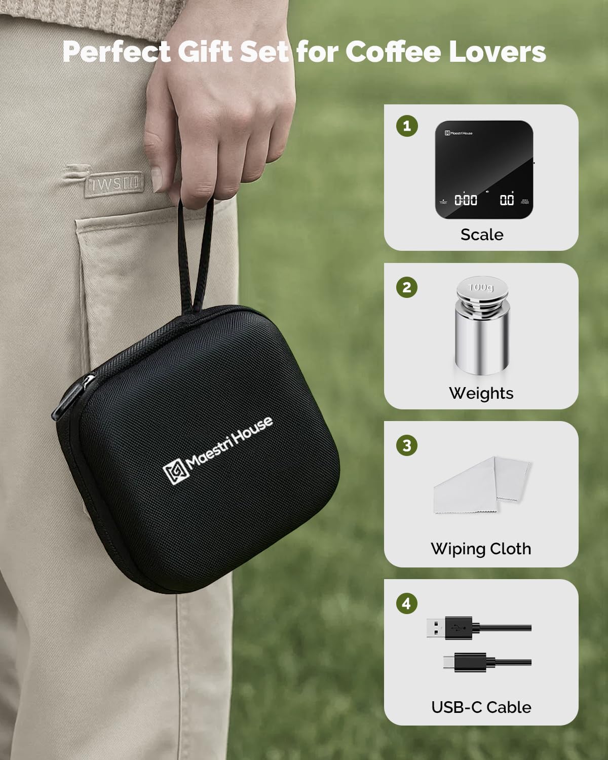 Maestri House Mini Coffee Scale with Timer, USB-C Rechargeable Espresso Scale, 2kg/0.1g Accurate Scale for Espresso and Pour-Over Coffee, Portable Digital Kitchen Scale with Auto Timer (Black&Silver)