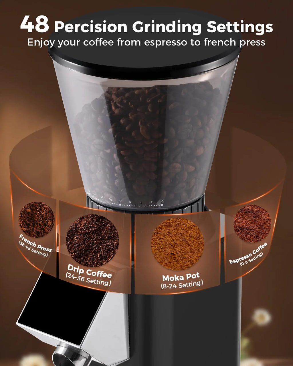 Tuni G1 Conical Burr Coffee Grinder, 48 Grind Settings Anti-static Burr Mill, Precision Electronic Timer and LED Touchscreen for Espresso/Drip/Cold Brew/French Press, Stainless Steel, Ivory - Crema Peaks Coffee