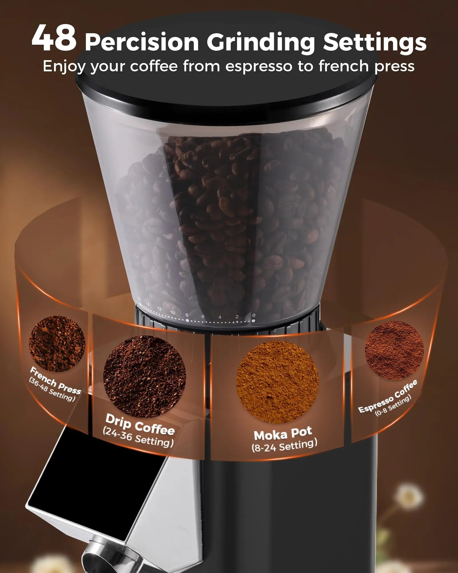 Tuni G1 Conical Burr Coffee Grinder, 48 Grind Settings Anti-static Burr Mill, Precision Electronic Timer and LED Touchscreen for Espresso/Drip/Cold Brew/French Press, Stainless Steel, Ivory - Crema Peaks Coffee
