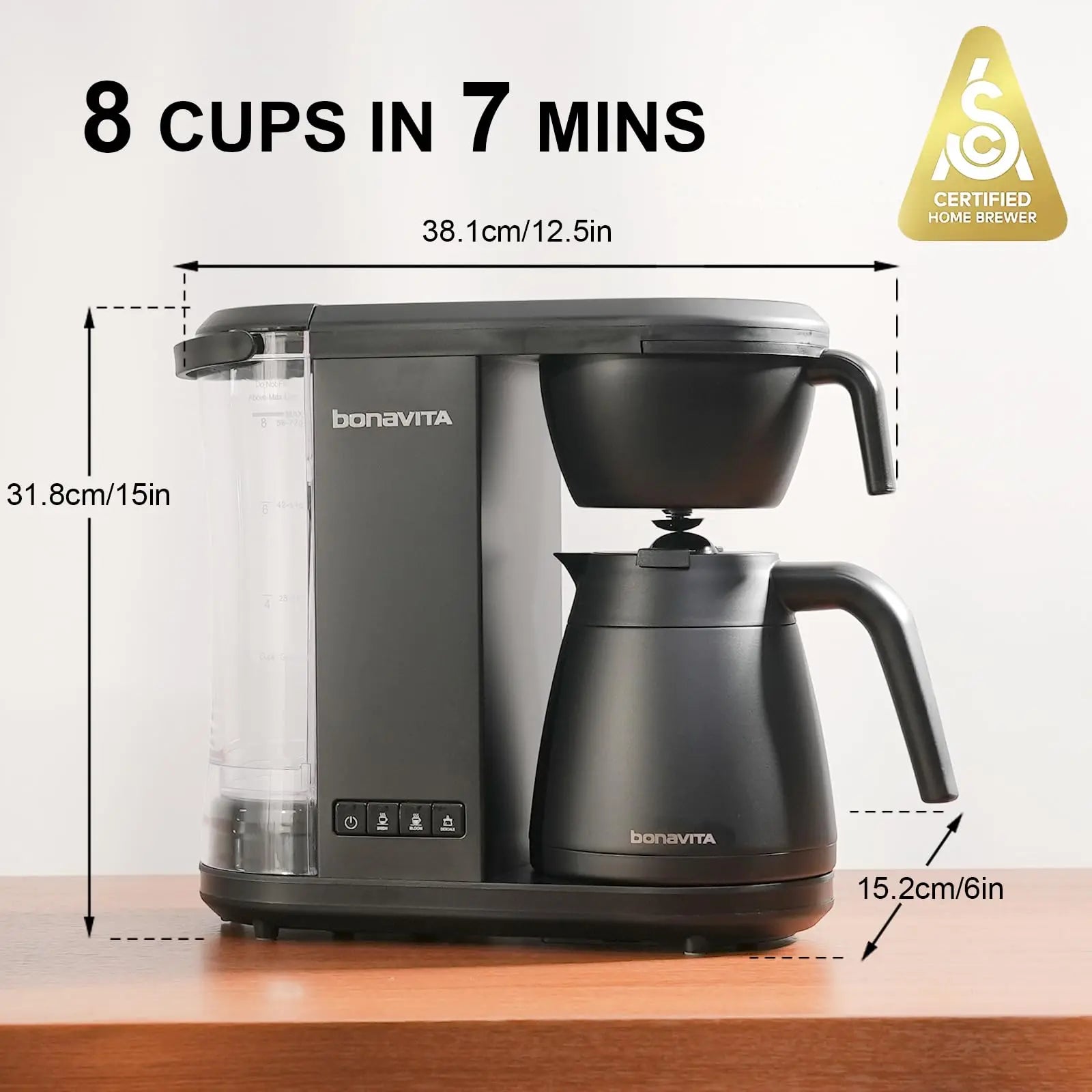 Bonavita Enthusiast 8 Cup Drip Coffee Brewer, Pour Over, SCA Certified Coffee Machine with Thermal Carafe, Stainless Steel Panel, Removable Reservoir - Crema Peaks Coffee