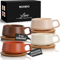 MIAMIO – 11 Oz., Set of 4 Ceramic Tea Cup and Saucer Bamboo/Tea Mug - Wide Cappuccino Cup, Coffee Cups Ceramic Mug for Cappuccino, Latte, Espresso & Americano - Luxe Collection (Beige Pastel) - Crema Peaks Coffee