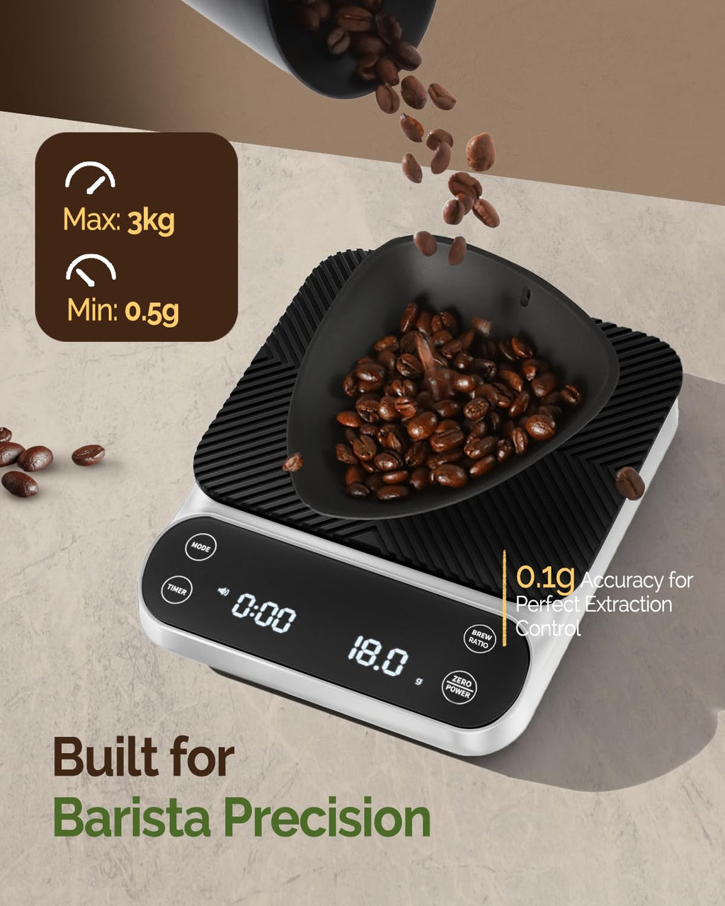 Maestri House S3 Coffee Scale with Timer, 3kg/0.1g Rechargeable Digital Scale, 3 Brew Modes, Adjustable Ratios & Flow Rate Display, Barista-Grade for Pour-Over, Espresso, French Press – Black - Crema Peaks Coffee