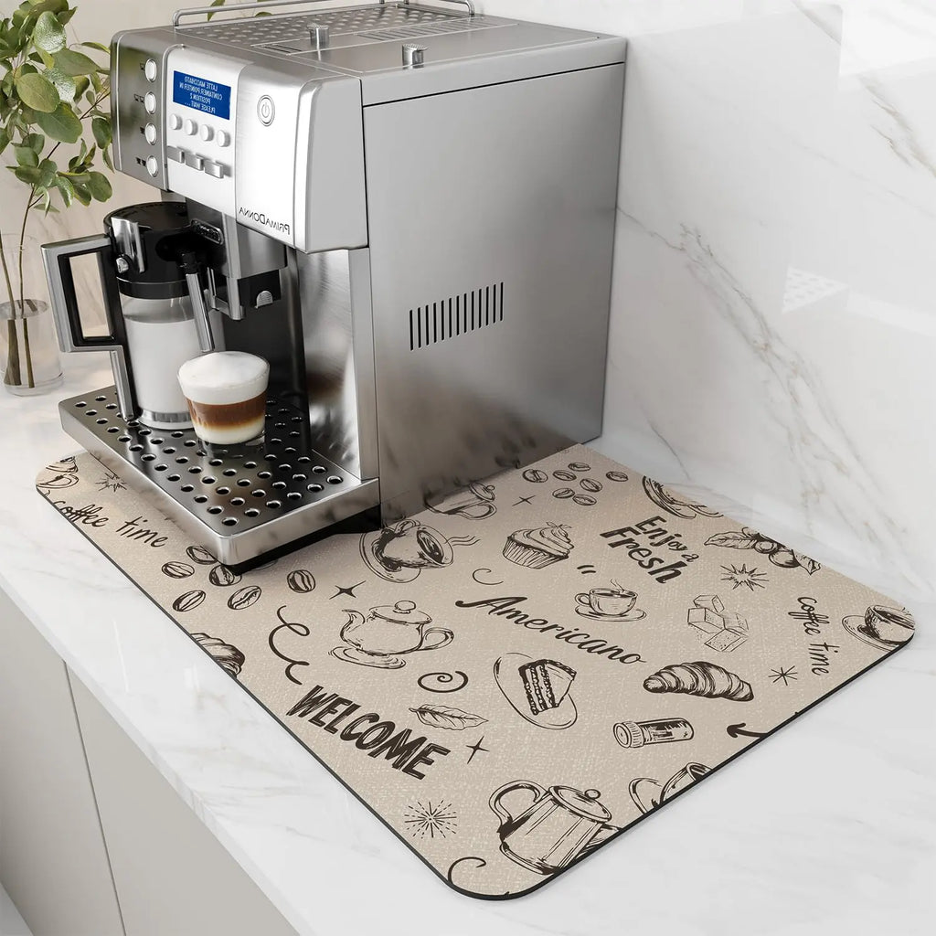 Coffee Mat Hide Stain Rubber Backed Absorbent Dish Drying Mat for Kitchen Counter -AMOAMI Mat Fits Under Coffee Maker or Machine - Crema Peaks Coffee