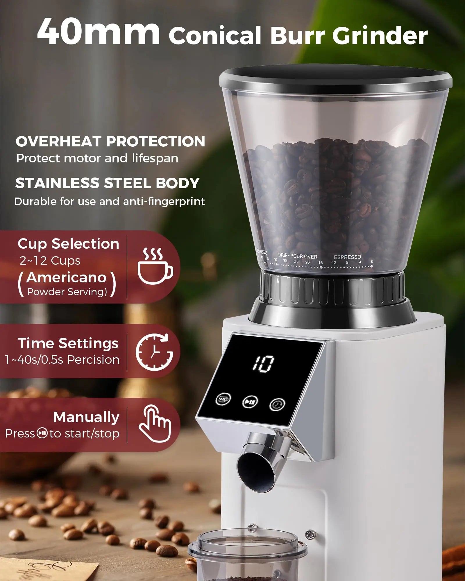 Tuni G1 Conical Burr Coffee Grinder, 48 Grind Settings Anti-static Burr Mill, Precision Electronic Timer and LED Touchscreen for Espresso/Drip/Cold Brew/French Press, Stainless Steel, Ivory - Crema Peaks Coffee