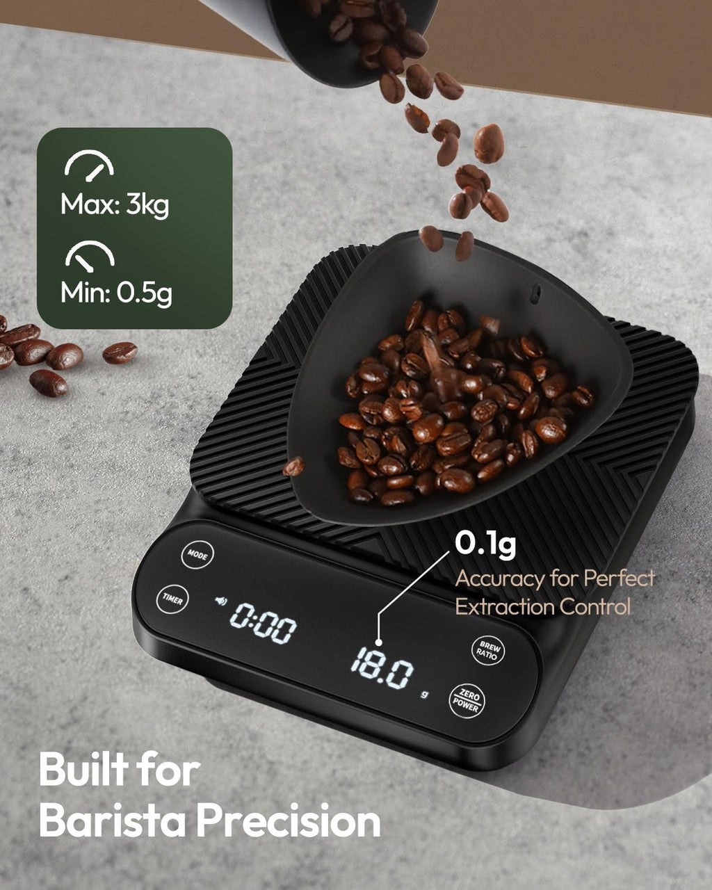 Maestri House S3 Coffee Scale with Timer, 3kg/0.1g Rechargeable Digital Scale, 3 Brew Modes, Adjustable Ratios & Flow Rate Display, Barista-Grade for Pour-Over, Espresso, French Press – Black - Crema Peaks Coffee