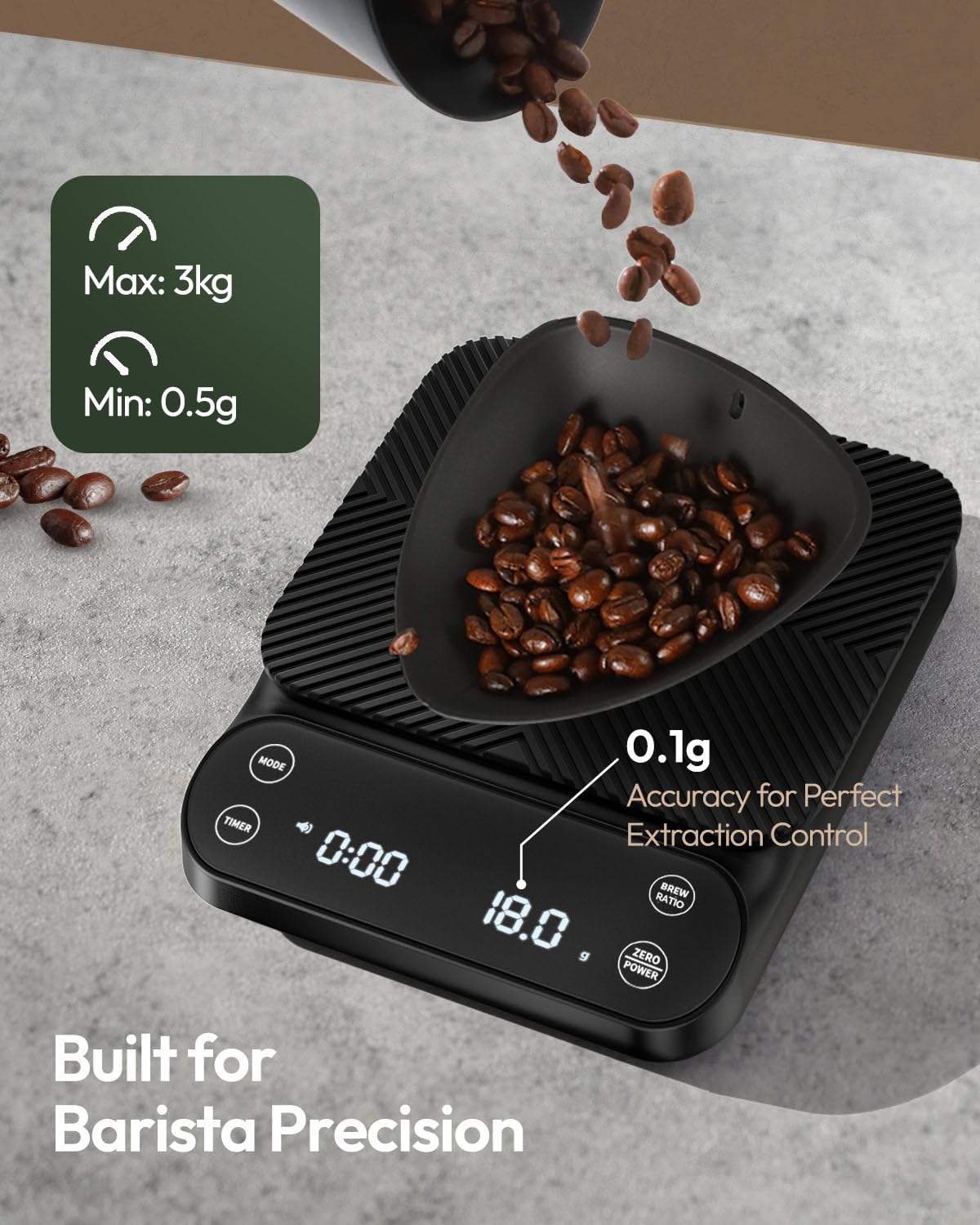 Maestri House S3 Coffee Scale with Timer, 3kg/0.1g Rechargeable Digital Scale, 3 Brew Modes, Adjustable Ratios & Flow Rate Display, Barista-Grade for Pour-Over, Espresso, French Press – Black - Crema Peaks Coffee