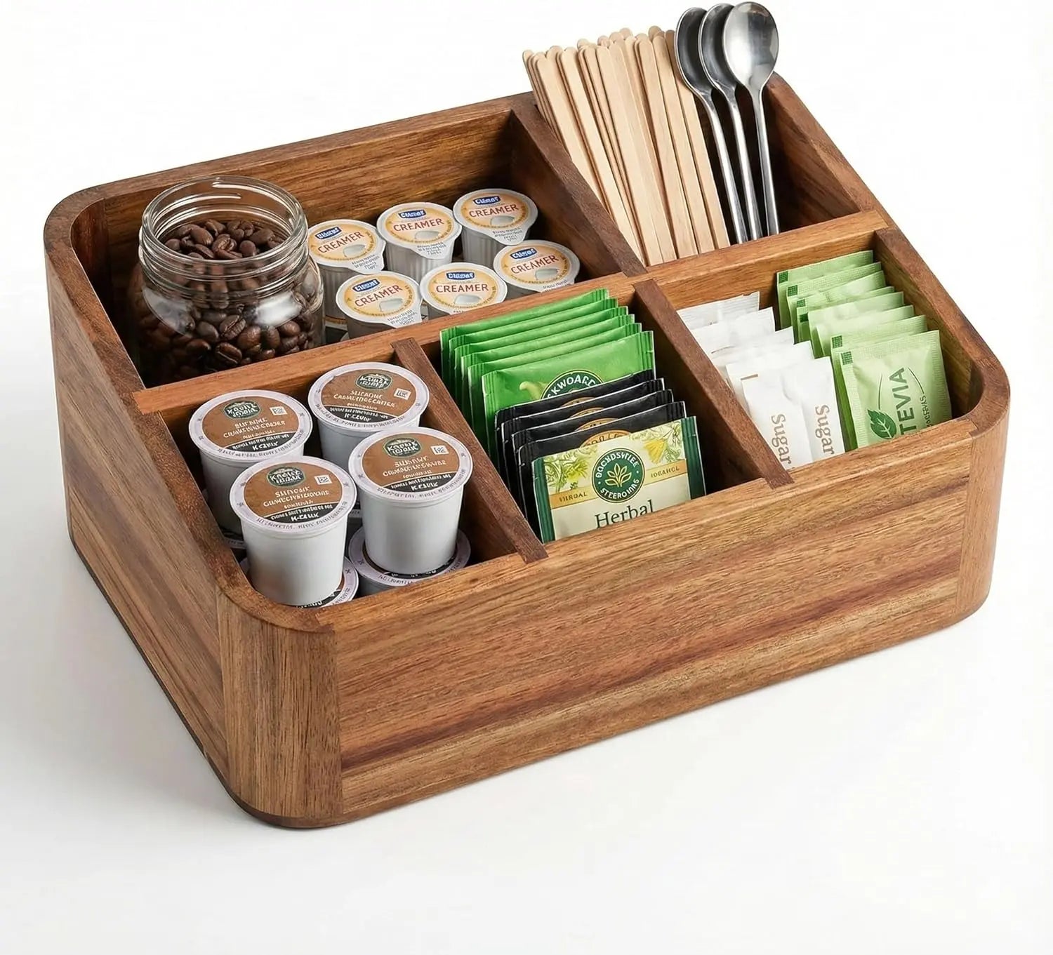 Acacia Wood Coffee Station Organizer for Countertop, Tea Organizer and Holder, Coffee Bar Caddy with Multiple Compartments for Home and Office Decor - Crema Peaks Coffee