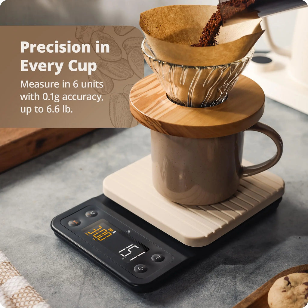 Coffee Scale by Greater Goods with Timer – 0.1g Precision Digital Coffee & Espresso Scale for Pour-Over, Coffee Bean Weighing, Barista Brewing, Waterproof Cover, 3kg Capacity (Onyx Black) - Crema Peaks Coffee
