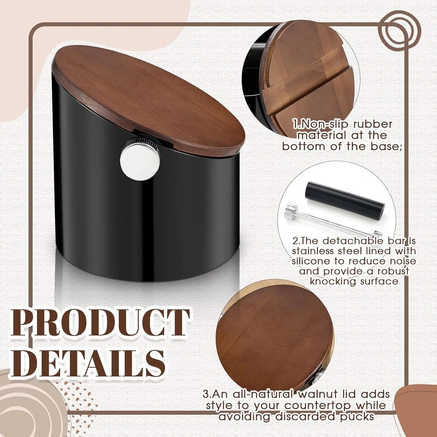 Espresso Knock Box with Walnut Lid for Coffee Grounds, Espresso Machine Accessory, Easy Disposal of Coffee Pucks, Removable Knock Bar(White,Round) - Crema Peaks Coffee
