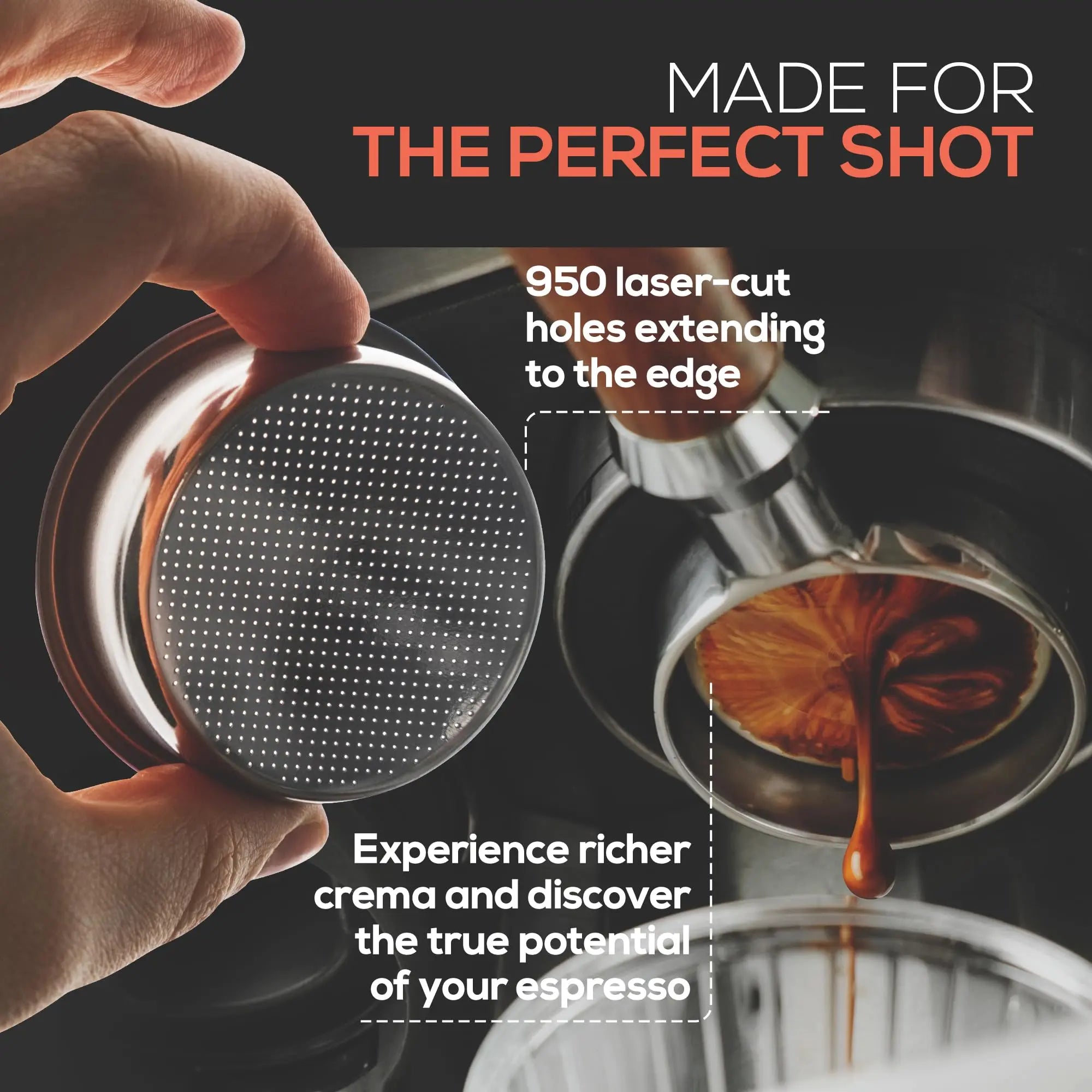 54mm Bottomless Portafilter 18-21g Precision Basket with 950 Laser-Cut Holes for High Extraction Compatible for Breville Barista Express, Pro, Touch, Impress, Bambino, Bambino Plus and Infuser - Crema Peaks Coffee