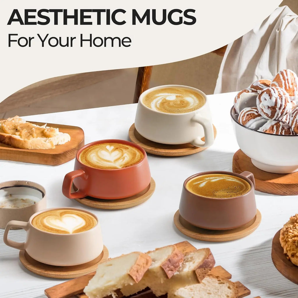 MIAMIO – 11 Oz., Set of 4 Ceramic Tea Cup and Saucer Bamboo/Tea Mug - Wide Cappuccino Cup, Coffee Cups Ceramic Mug for Cappuccino, Latte, Espresso & Americano - Luxe Collection (Beige Pastel) - Crema Peaks Coffee