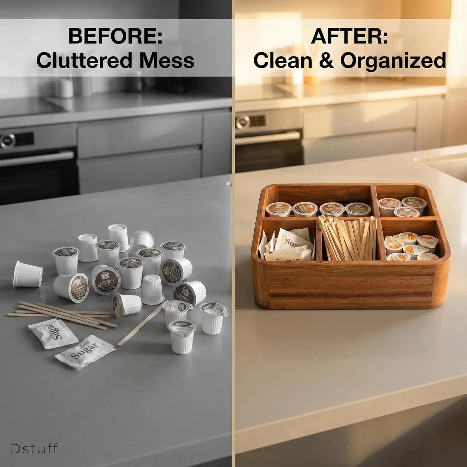 Acacia Wood Coffee Station Organizer for Countertop, Tea Organizer and Holder, Coffee Bar Caddy with Multiple Compartments for Home and Office Decor - Crema Peaks Coffee