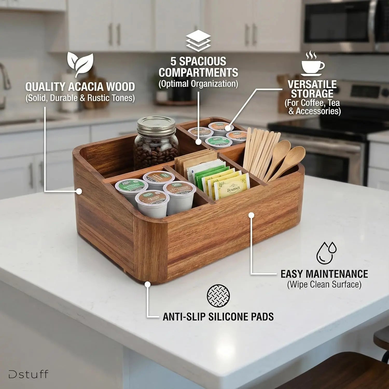 Acacia Wood Coffee Station Organizer for Countertop, Tea Organizer and Holder, Coffee Bar Caddy with Multiple Compartments for Home and Office Decor - Crema Peaks Coffee