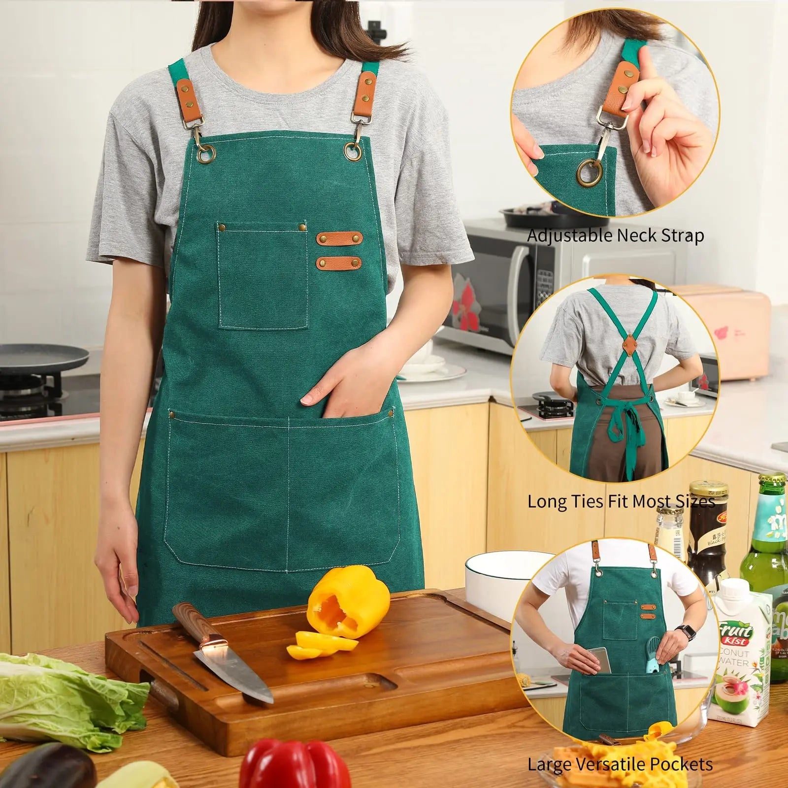 Canvas Cross Back Chef Cotton Aprons for Men Women with Large Pockets - Crema Peaks Coffee