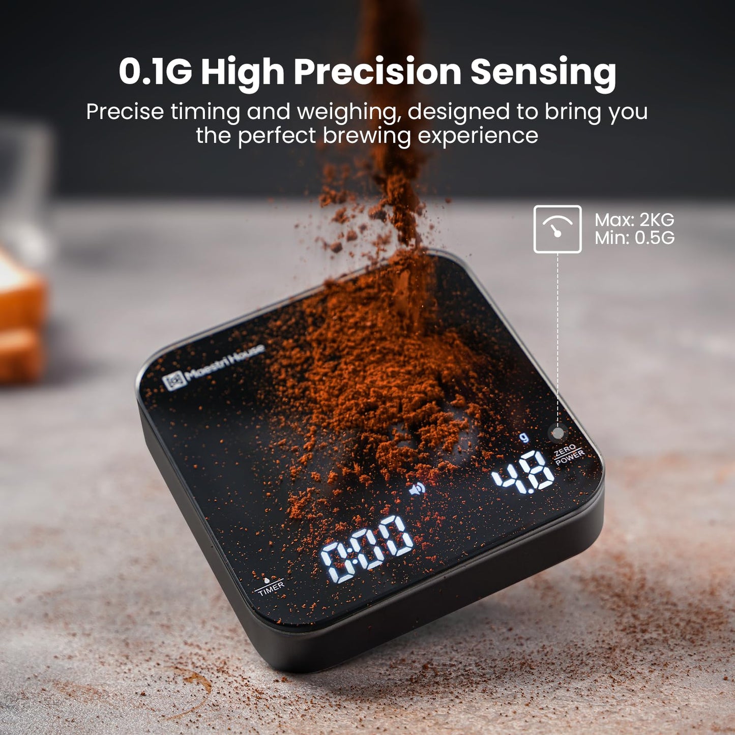 Maestri House Mini Coffee Scale with Timer, USB-C Rechargeable Espresso Scale, 2kg/0.1g Accurate Scale for Espresso and Pour-Over Coffee, Portable Digital Kitchen Scale with Auto Timer (Black&Silver)