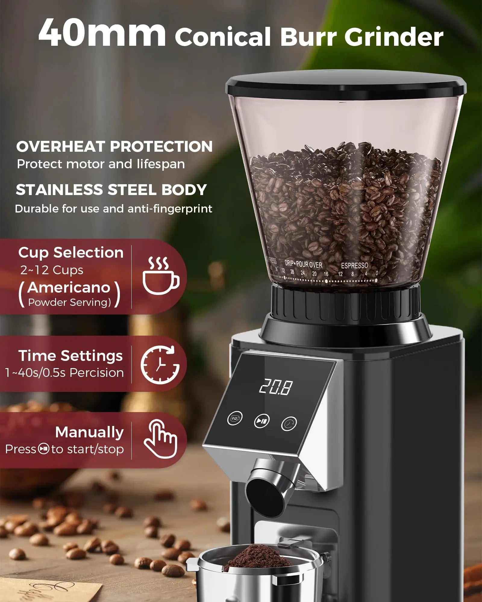 Tuni G1 Conical Burr Coffee Grinder, 48 Grind Settings Anti-static Burr Mill, Precision Electronic Timer and LED Touchscreen for Espresso/Drip/Cold Brew/French Press, Stainless Steel, Ivory - Crema Peaks Coffee