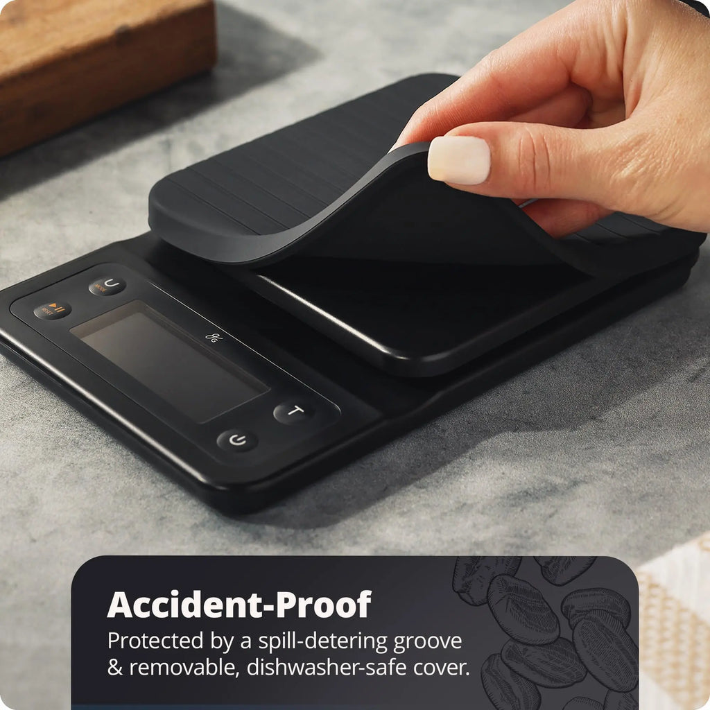 Coffee Scale by Greater Goods with Timer – 0.1g Precision Digital Coffee & Espresso Scale for Pour-Over, Coffee Bean Weighing, Barista Brewing, Waterproof Cover, 3kg Capacity (Onyx Black) - Crema Peaks Coffee