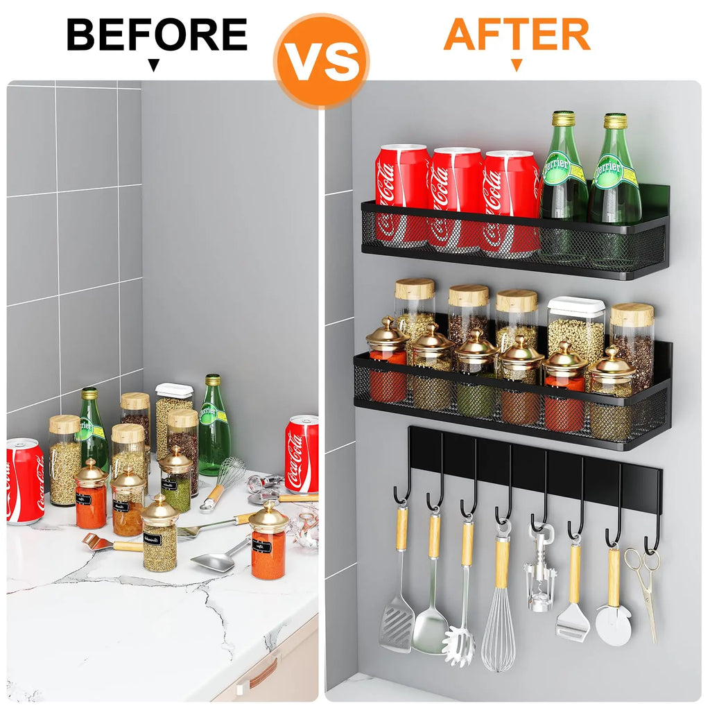 Magnetic Spice Rack for Refrigerator, 3 Pack Magnetic Shelf, Moveable Fridge Organizer with 8-Hook Rack, Seasoning Organizer for Kitchen - Crema Peaks Coffee