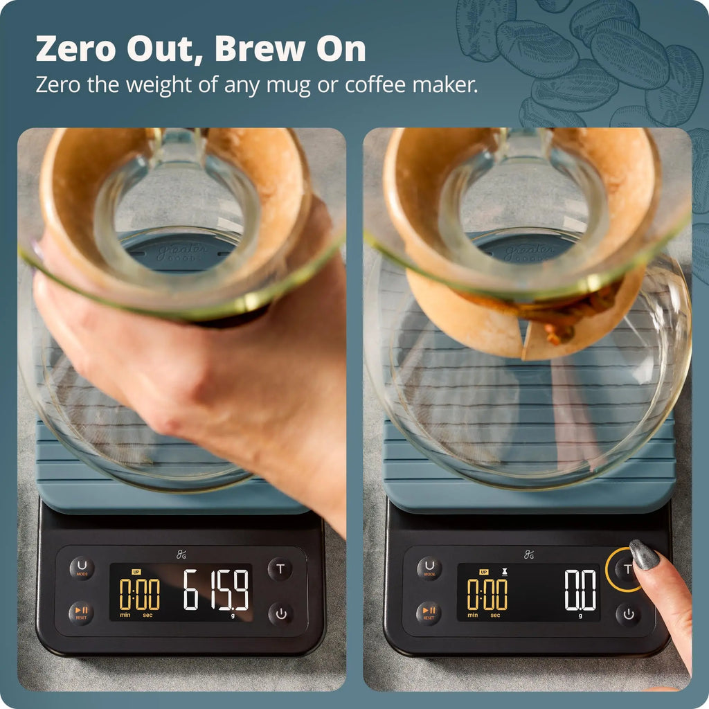 Coffee Scale by Greater Goods with Timer – 0.1g Precision Digital Coffee & Espresso Scale for Pour-Over, Coffee Bean Weighing, Barista Brewing, Waterproof Cover, 3kg Capacity (Onyx Black) - Crema Peaks Coffee