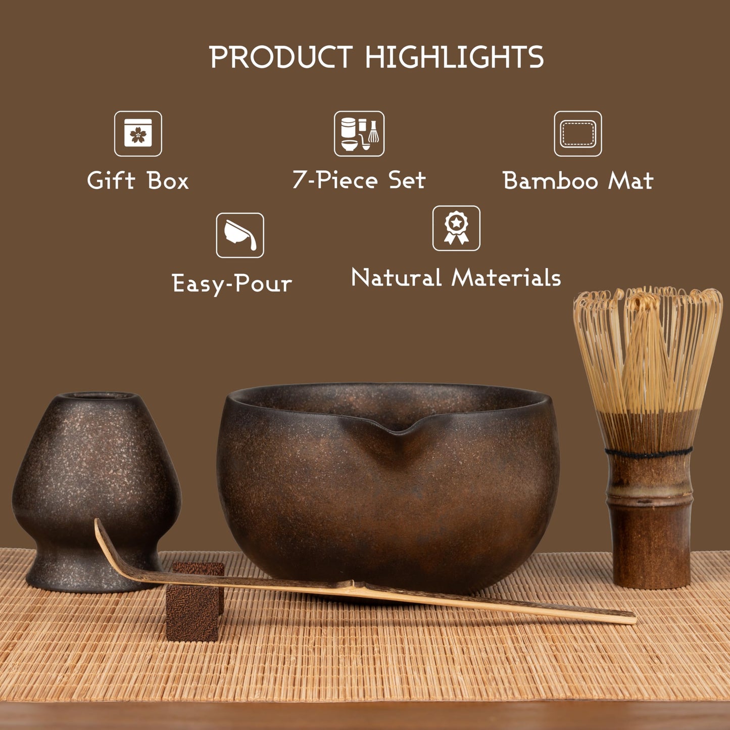 7-Piece Matcha Set with Ceramic Matcha Bowl, Bamboo Whisk (Chasen) & Holder, Sifter, Tea Scoop & Rest, Special Bamboo Tea Mat - Perfect Matcha Kit for Matcha Lovers & Gift Giving, Gilded