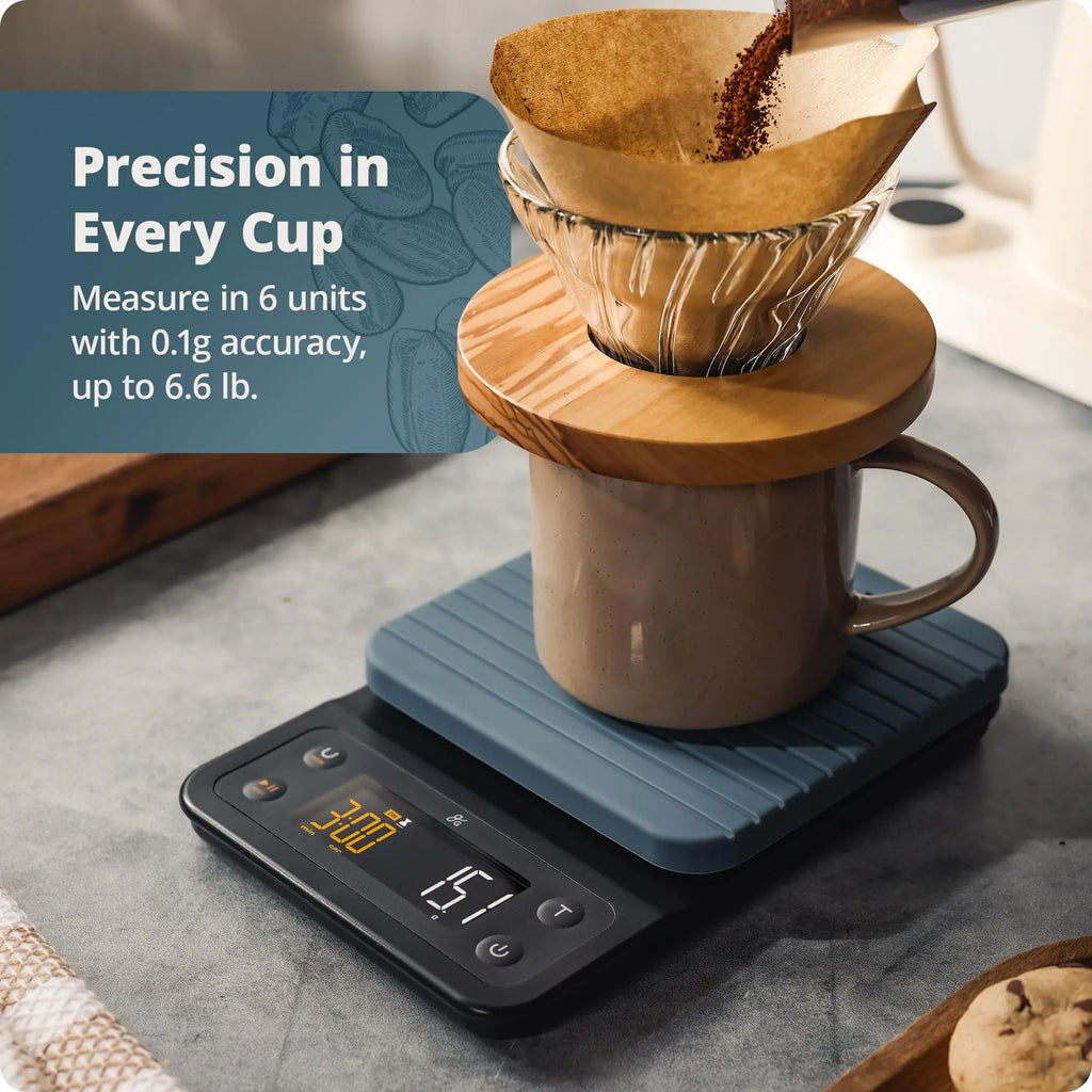 Coffee Scale by Greater Goods with Timer – 0.1g Precision Digital Coffee & Espresso Scale for Pour-Over, Coffee Bean Weighing, Barista Brewing, Waterproof Cover, 3kg Capacity (Onyx Black) - Crema Peaks Coffee