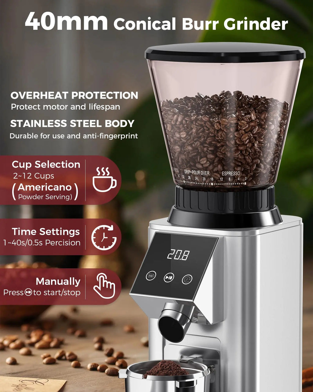 Tuni G1 Conical Burr Coffee Grinder, 48 Grind Settings Anti-static Burr Mill, Precision Electronic Timer and LED Touchscreen for Espresso/Drip/Cold Brew/French Press, Stainless Steel, Ivory - Crema Peaks Coffee