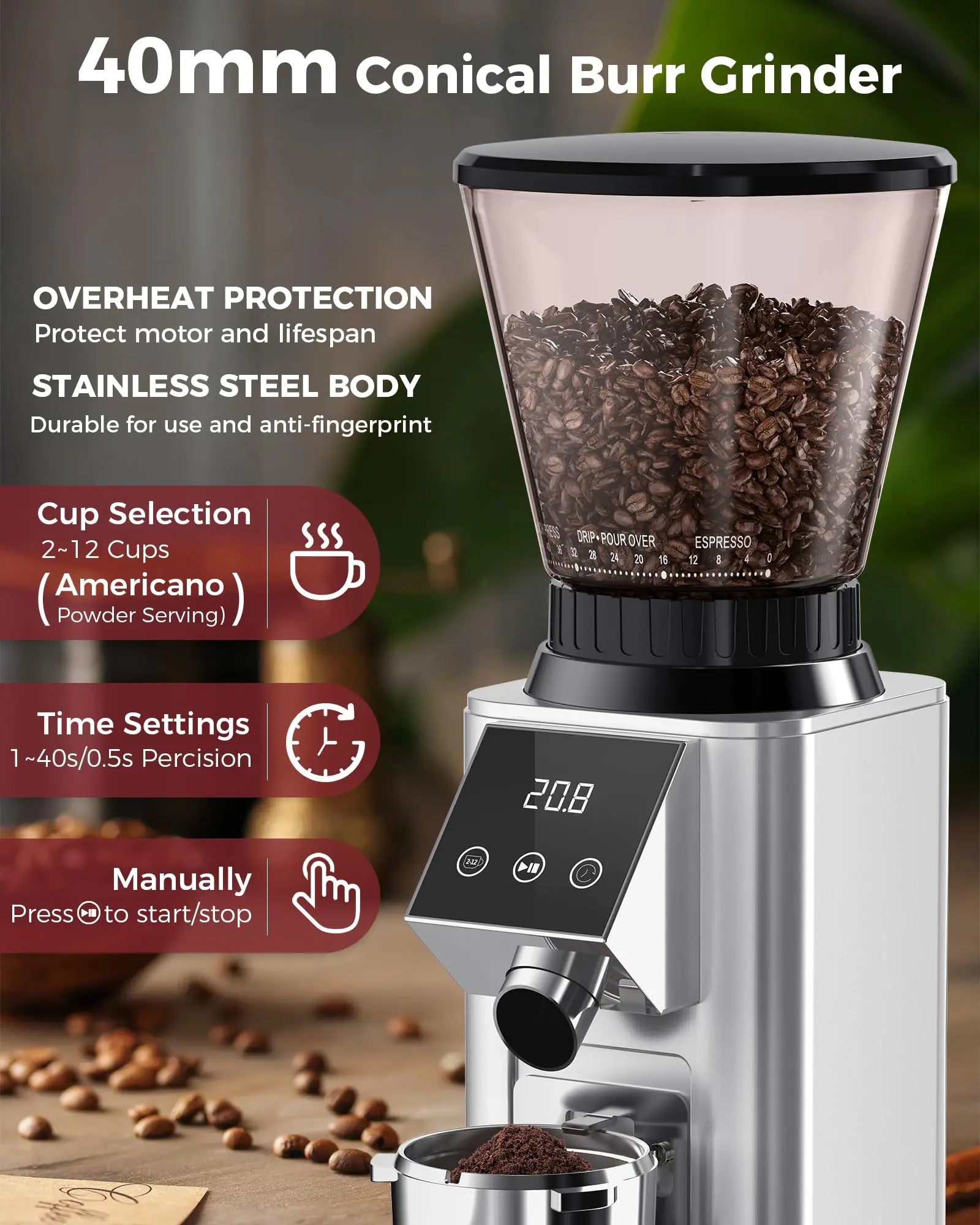Tuni G1 Conical Burr Coffee Grinder, 48 Grind Settings Anti-static Burr Mill, Precision Electronic Timer and LED Touchscreen for Espresso/Drip/Cold Brew/French Press, Stainless Steel, Ivory - Crema Peaks Coffee