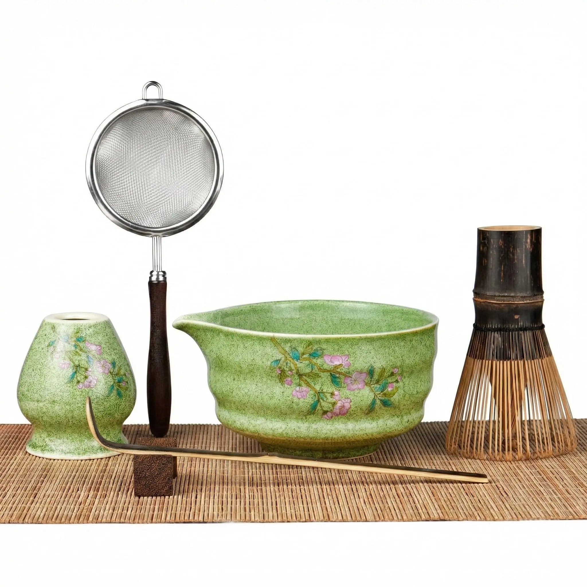 7-Piece Matcha Set with Ceramic Matcha Bowl, Bamboo Whisk (Chasen) & Holder, Sifter, Tea Scoop & Rest, Special Bamboo Tea Mat - Perfect Matcha Kit for Matcha Lovers & Gift Giving, Gilded - Crema Peaks Coffee