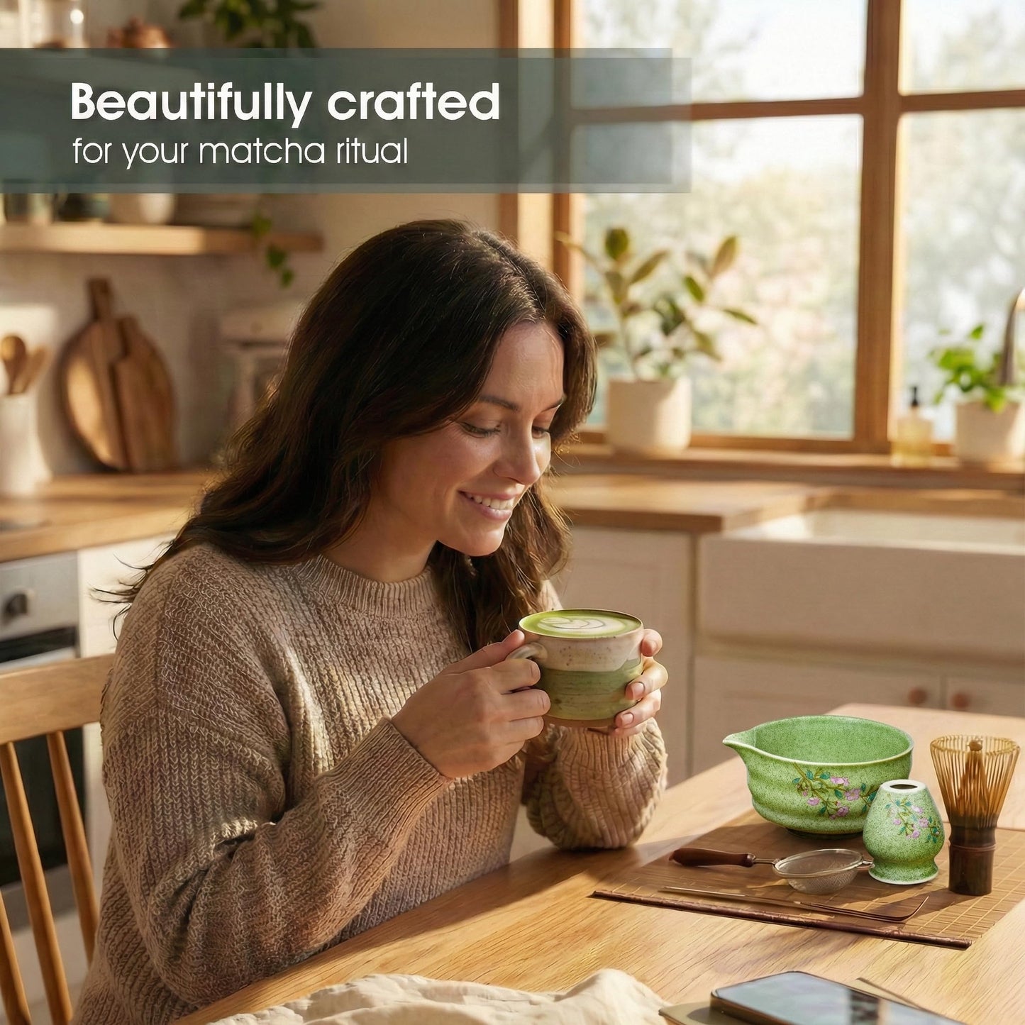 7-Piece Matcha Set with Ceramic Matcha Bowl, Bamboo Whisk (Chasen) & Holder, Sifter, Tea Scoop & Rest, Special Bamboo Tea Mat - Perfect Matcha Kit for Matcha Lovers & Gift Giving, Gilded